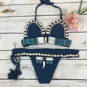 Boho Handmade Crochet Blue Bikini Shells Beaded